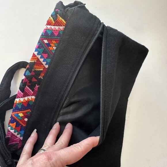Cotton Black Crossbody Bag Multicolor Geometric Adjustable Strap Guatemalan - Picture 7 of 7